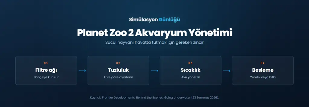 Planet Zoo 2 akvaryum yönetim zinciri: filtre ağı, tuzluluk, sıcaklık ve besleme
