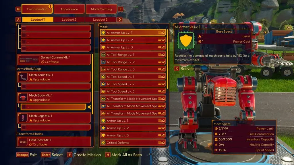 Lightyear Frontier mech özelleştirme menüsünden kare (1)