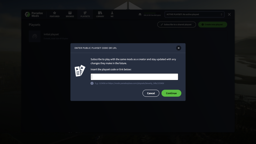 Paradox Mods arayüzünde bağlantı ya da kimlikle oyun setine abone olma ekranı