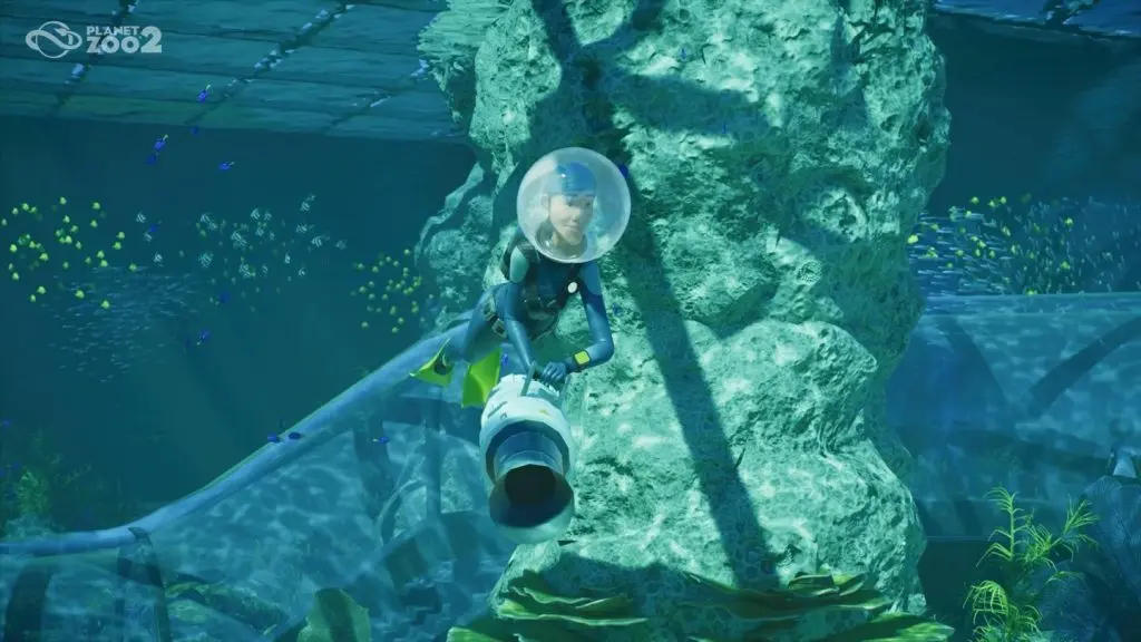 Planet Zoo 2 akvaryumları temizliği: dalgıç personel camları temizlerken