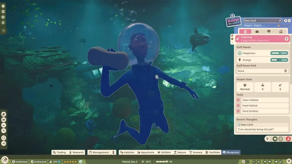 Planet Zoo 2 akvaryumları bakım arayüzü, dalgıç personelin görev ekranı