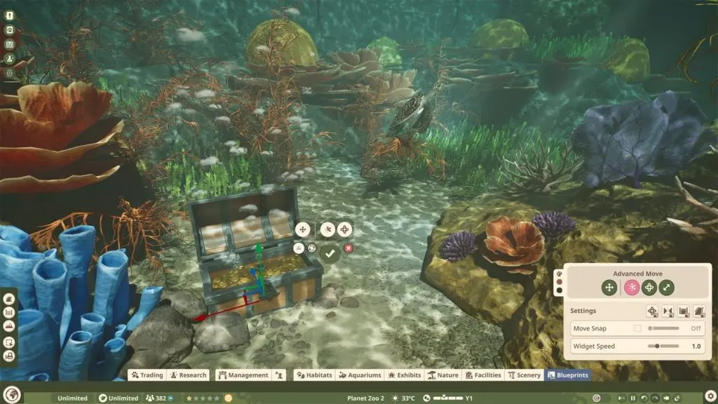 Planet Zoo 2 akvaryumları inşa ekranı, bariyerlerin boyutu ve yönü ayarlanırken
