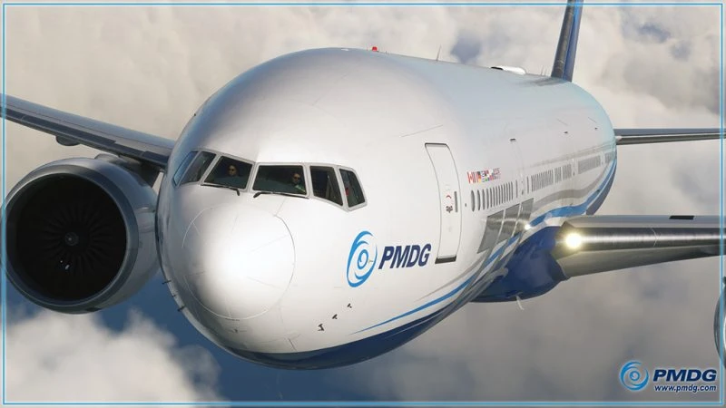 PMDG 777-300ER bulutların üstünde uçarken önden görünüşü