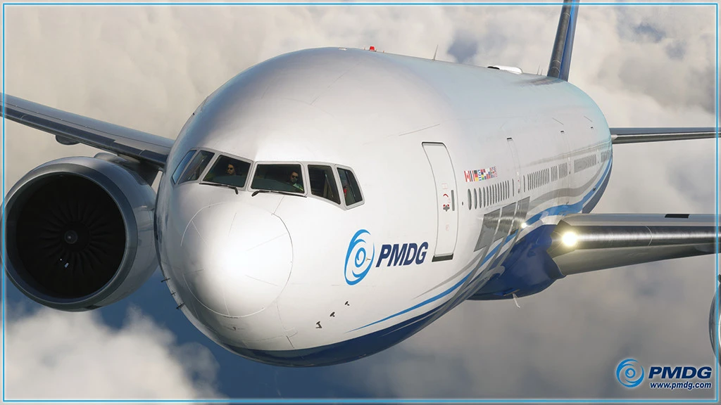 PMDG 777-300ER bulutların üstünde uçarken önden görünüşü