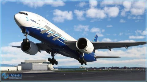 PMDG 777F kalkışta, ana iniş takımı yerden ayrılırken