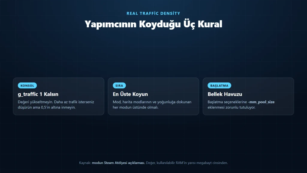 Real Traffic Density modunun ETS2 için koyduğu üç kuralı gösteren şema